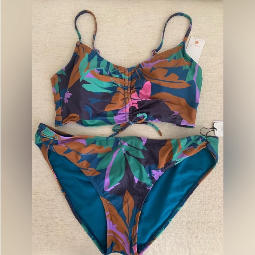 Bikini set- Leaf Print Bikini Set - Green, Purple, Brown- low rise bottom - Picture 3 of 4
